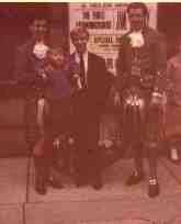 Con and Dec, dressed in Kilts, with Steve Perry outside the theatre in Abroath, Scotland where they were appearing.